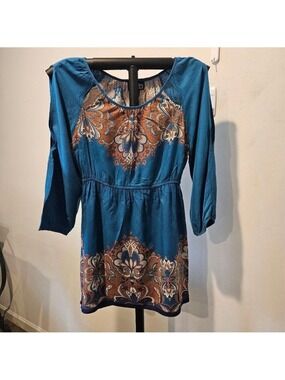 Angie Women's Cold Shoulder Boho Mini Dress, Size S, Teal & Brown
